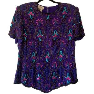 Vintage Stenay Womens Multi Colored Sequin Beaded Silk Evening Blouse Top- Sz XL
